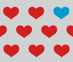 many red hearts and one blue heart on a page